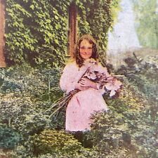 Antique 1899 Young Girl Picking Wild Flowers Stereoview Photo Card P580-043 picture