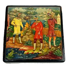 Square Russian Hand Painted Lacquered Wooden Box USSR Signed 1920 Cyrillic picture