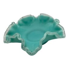 Fenton Glass Silver Crest Turquoise Footed Clear Ruffled Bowl Candy Dish picture