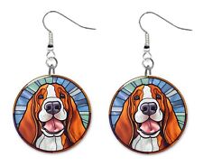 Stained Glass Printed Basset Hound Dog Button Earrings Jewelry 1