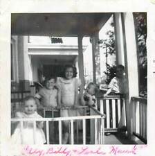 vintage Snapshot B/W 1959 Children Hanging Out on Front Porch on Summer Day picture