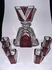 Red Bohemian Art Deco Glass Decanter with Stopper and Liqueur Service 6 Glasses picture
