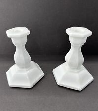Pair of Vtg Tiara 3” Small White Milk Glass Candlestick Holders Skinny Tapers picture