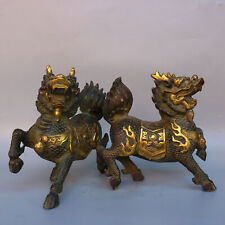 24cm fengshui old copper bronze carved pair qilin kylin lucky gilt big statue picture
