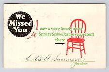 Antique Postcard WE MISSED YOU  Sunday School Empty Chair1924 Cancel picture