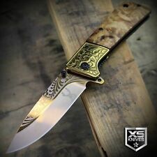 WESTERN Ornate WOOD HANDLE Cowboy Spring Assisted Open Pocket Knife GOLDEN Blade picture