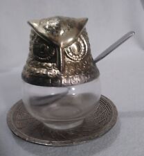 Avon Metal and Glass Owl Figure Honey / Sugar Jar w/ Spoon & Underplate picture