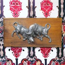 1960's Mid Century Modern Fighting Bulls Metal/Faux Wood Raised Relief Plaque picture
