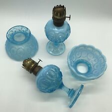 SET OF 2 MOON & STAR MINIATURE OIL LAMP & SHADES LG WRIGHT OPALESCENT 1950s picture