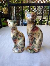 JOAN BAKER Floral Decoupage Patchwork Porcelain Pair of Cat Figurines picture