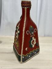 Vintage Leather Floral Red Wrapped Triangular Bottle With Lid  Cork 8”T picture
