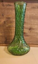 Vintage Green Hoosier Glass Bud Vase Quilted Diamond Pattern MCM 9
