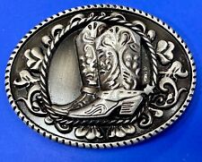Raised cowboy boots - Dimensional silver color flower swirl oval belt buckle picture