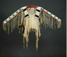 Old American Handmade Beige Buckskin Suede Beaded Powwow Regalia War Shirt  N4 picture