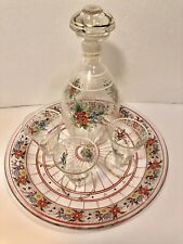 VIntage Bohemian Art Deco Hand Painted Floral Glass Decanter, 3 Glasses & Tray picture