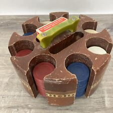 Vintage Wooden Poker Chip Carousel & Deck Card Holder Wood Caddy + Chips picture