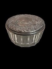 Vintage Dresser Vanity Powder Box Glass Jar Silver Plate Repousse Lid picture