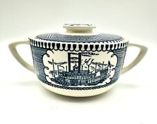 Royal Currier and Ives Double Handled Sugar Bowl With Lid Blue Steamboat picture