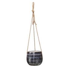  Hanging Stoneware Planter with Pattern & Jute Hanger, Blue (Holds 5