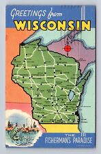 Greetings From Wisconsin, State Map, Antique, Vintage c1942 Souvenir Postcard picture