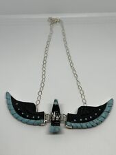 Navajo Black Onyx And Turquoise Sterling Native Silver American Eagle Necklace picture