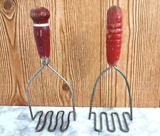 Vtg Red Wood Handle Potato Masher Set of Two 1930s - 60s Kitchen Utensils picture