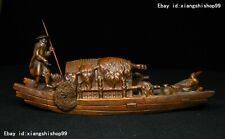 Collect China Folk Boxwood Wood Carved fisherman fishing boat Bird Adorn Statue picture