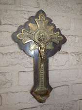 Antique french wood metal Crucifix holy water font plaque picture