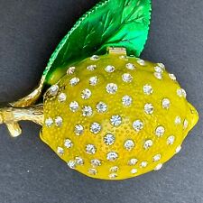 Rhinestone Encrusted Enameled Yellow Lemon Hinged Metal Jewelry Box 2.5