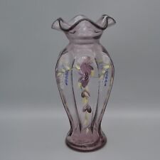 Floral Vine Purple Art Glass Vase Ruffle Fluted Handpainted Flower Amethyst 9.5
