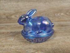 VTG Iridescent Blue Glass Nesting Bunny  Lidded Candy Dish MCM Easter Decor picture