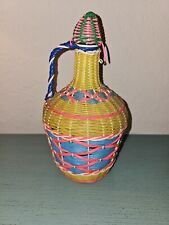 Vintage Mid Century Viresa Green Glass Bottle Woven With Rattan picture