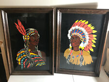Pair (x2) Folk Art Native American Velvet Paintings NICE 16x25 picture
