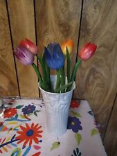 Assortment of 5 Dutch Wooden Tulips🌷from Amsterdam w/ ceramic vase. Multicolor. picture