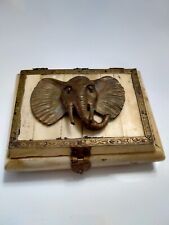 Vintage Camel Bone Ornate Lined Trinket Box With Brass Elephant Head picture