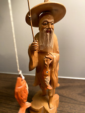 Vintage Carved Wood Chinese Fisherman with Rod and the catch of the Day picture