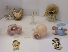 LOT 9 Victorian Pink Glass Christmas Ornaments Bird Holly Hobbie Hearts Frame picture