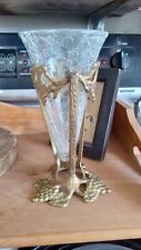 Gorgeous Vintage Crackle Glass Cone Vase In Brass Stand Grapes & Leaves 8