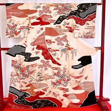 Japanese Kimono 'KOMON' Silk/Gold/Cream/Red/ Peony/Chrysanthemum/Maple picture