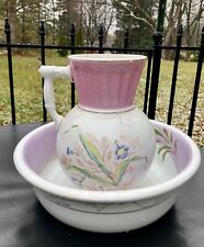 Antique Porcelain Wash Basin Bowl Pitcher Lavender Pink BB Artistic Wild Iris picture