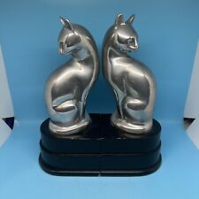 Vintage Art Deco Silver Colored Pot Metal Pair of Siamese Cat Bookends,SPI picture