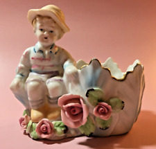 Vintage Small Planter Boy Sitting Figurine Roses Collectible Mid Century  3