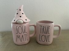 2 NEW Rae Dunn SOUL MATE mug with Gnome hat topper Pink w/ Black & TRUE LOVE CUP picture