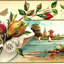 c1890s Church Lake Sailboat Victorian Trade Card Stock Rose Floral Embossed C20 picture