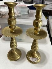 1950'S VINTAGE ETCHED BRASS MOROCCAN CANDLE HOLDER WITH DRIP TRAY SET OF 2 picture
