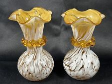 Vyg Set Rainbow Hand Blown Art Glass Yellow Amber and White Splatter Vase picture