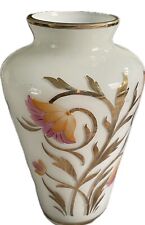 VTG Rare To Find Vase Flower in Opaline White And Golden Floral Glass picture