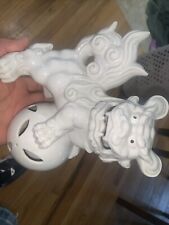 White Porcelain Foo Dog Lion Figurine Standing Ball Vintage Asian picture