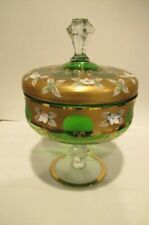 EGERMANN CZECH BOHEMIA GLASS HAND PAINTED GILDED LIDDED CANDY DISH , GREEN picture