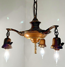 Art Deco Antique 3 Light Brass Pan Chandelier Light Ceiling Fixture Working Cond picture